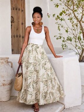 🆕Floral Leaf Maxi Skirt in Cream and Sage